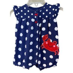 Carters Navy & White Polka Dot Ruffle Cap Sleeve Romper Red Crab Applique 6M